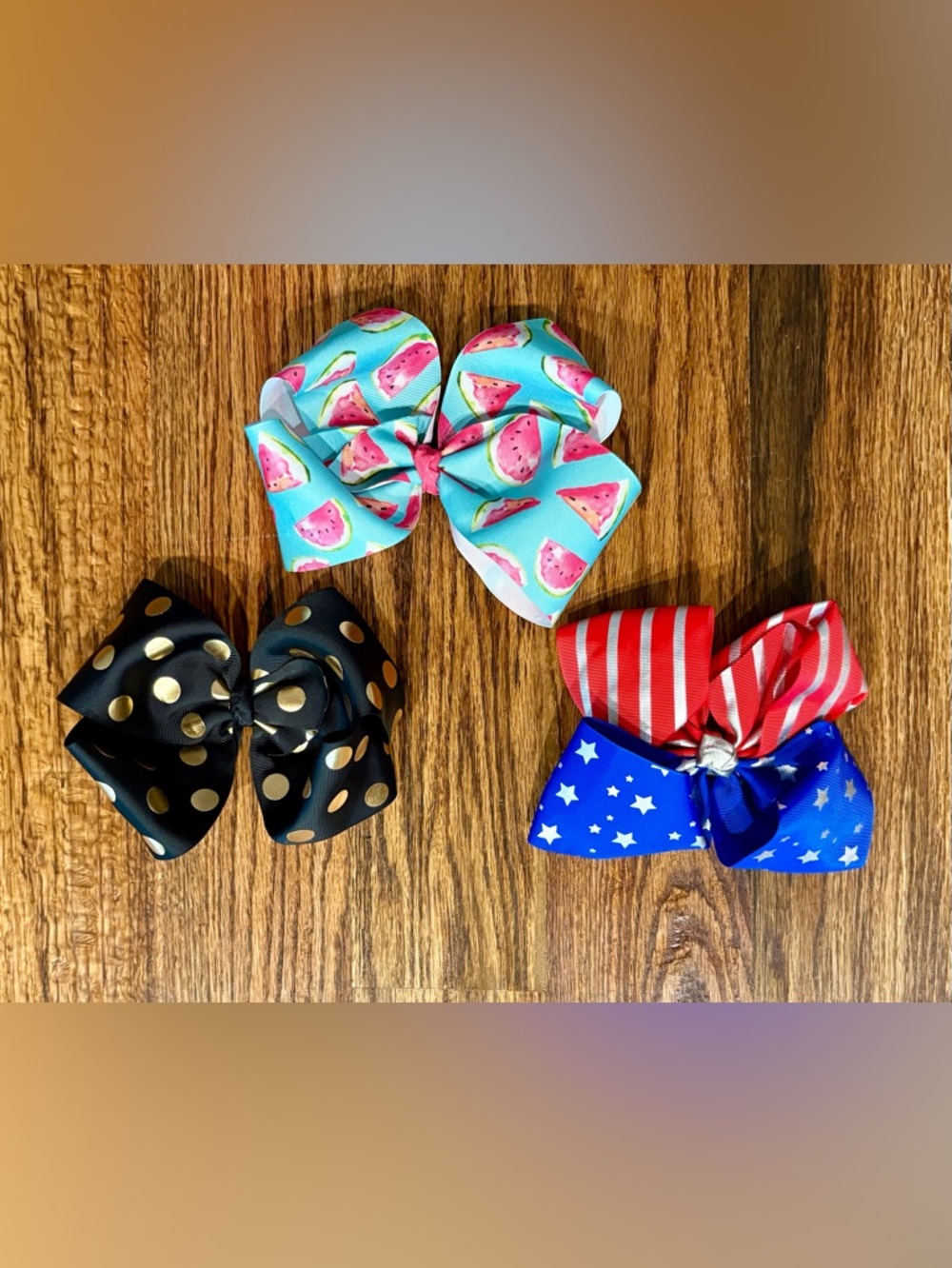 Hair bows, (3) little girls 6”-7” bows, watermelon, black & gold polka dot, USA